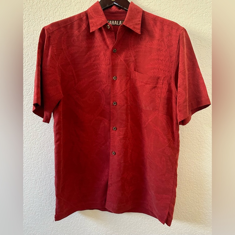 VTG 90s Kahala 1936 Men's Burnt Orange Red Hawaiian Textured Leaf Pattern Sz S